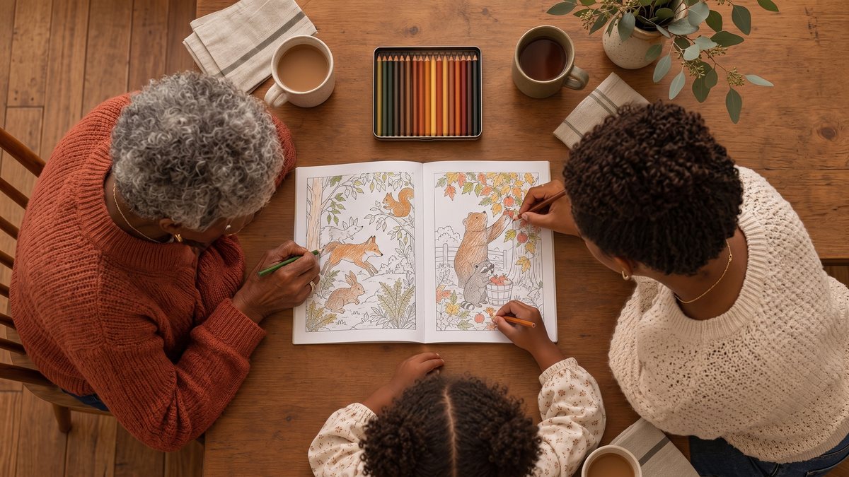 Family members coloring together around a table
